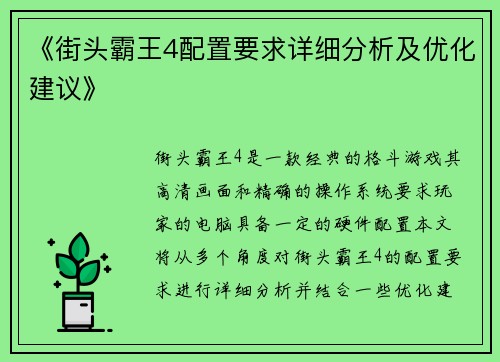 《街头霸王4配置要求详细分析及优化建议》